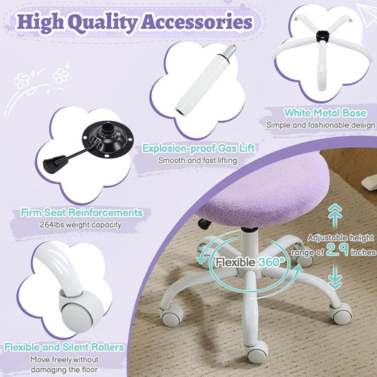 Purple Furry Vanity Chair — Adjustable, Armless, 360° Swivel & Wheels- Brand New