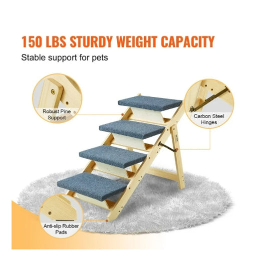 Wooden Pet Stairs & Ramp – 4 Step Foldable Dog Ladder for Bed, Sofa, Car – Up to 150 lbs