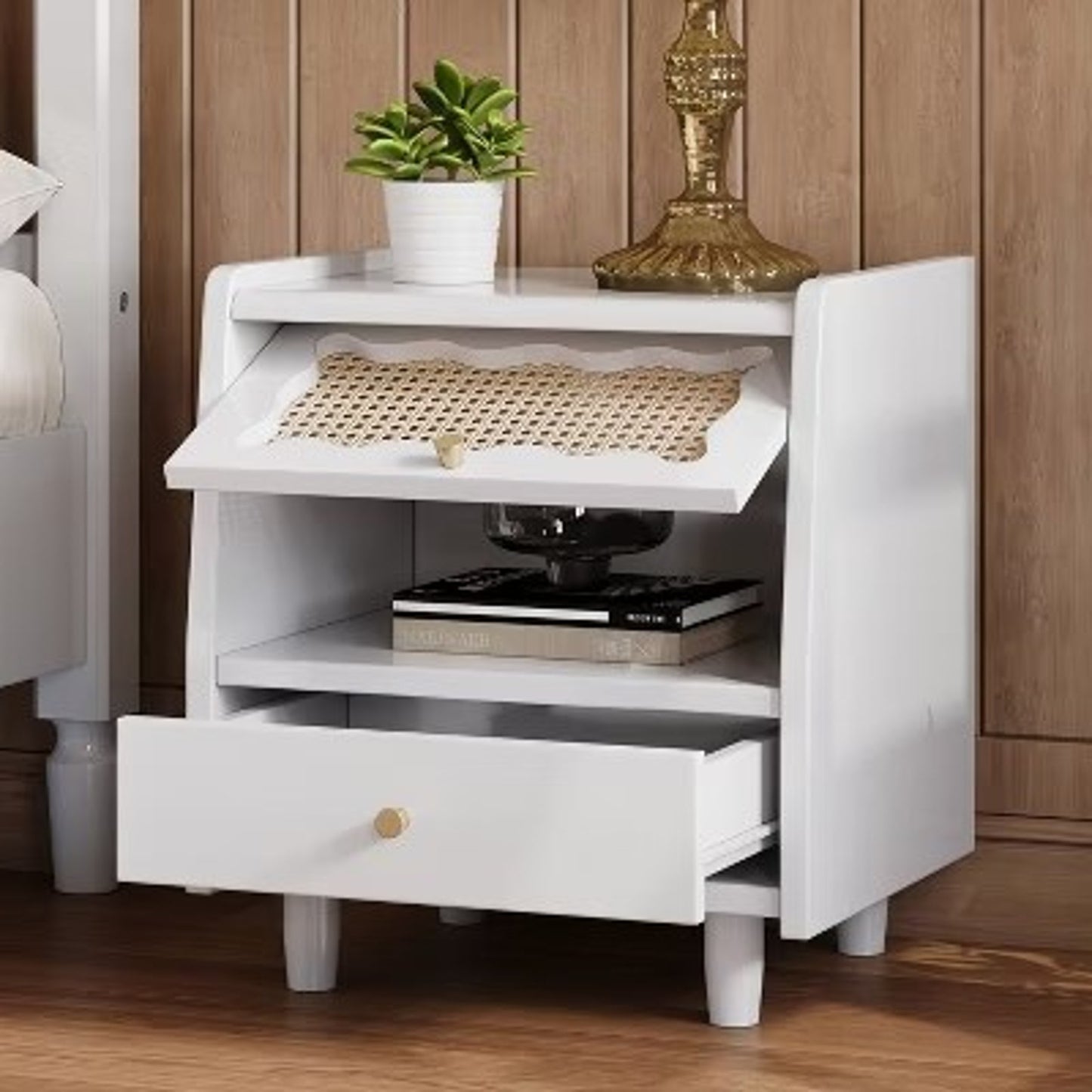 Modern White Wooden Nightstand with Rattan Door & Drawer- New in box