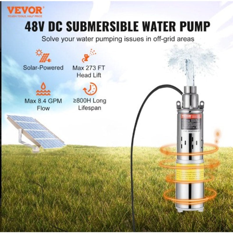 Solar Water Pump – 48V DC 369W Submersible Deep Well Pump, 8.4 GPM, 273 ft Lift