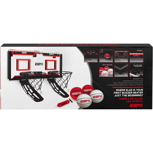 ESPN Over-the-Door Mini Basketball Hoop Set – 2 Rims, Ball Return, 4 Balls + Pump