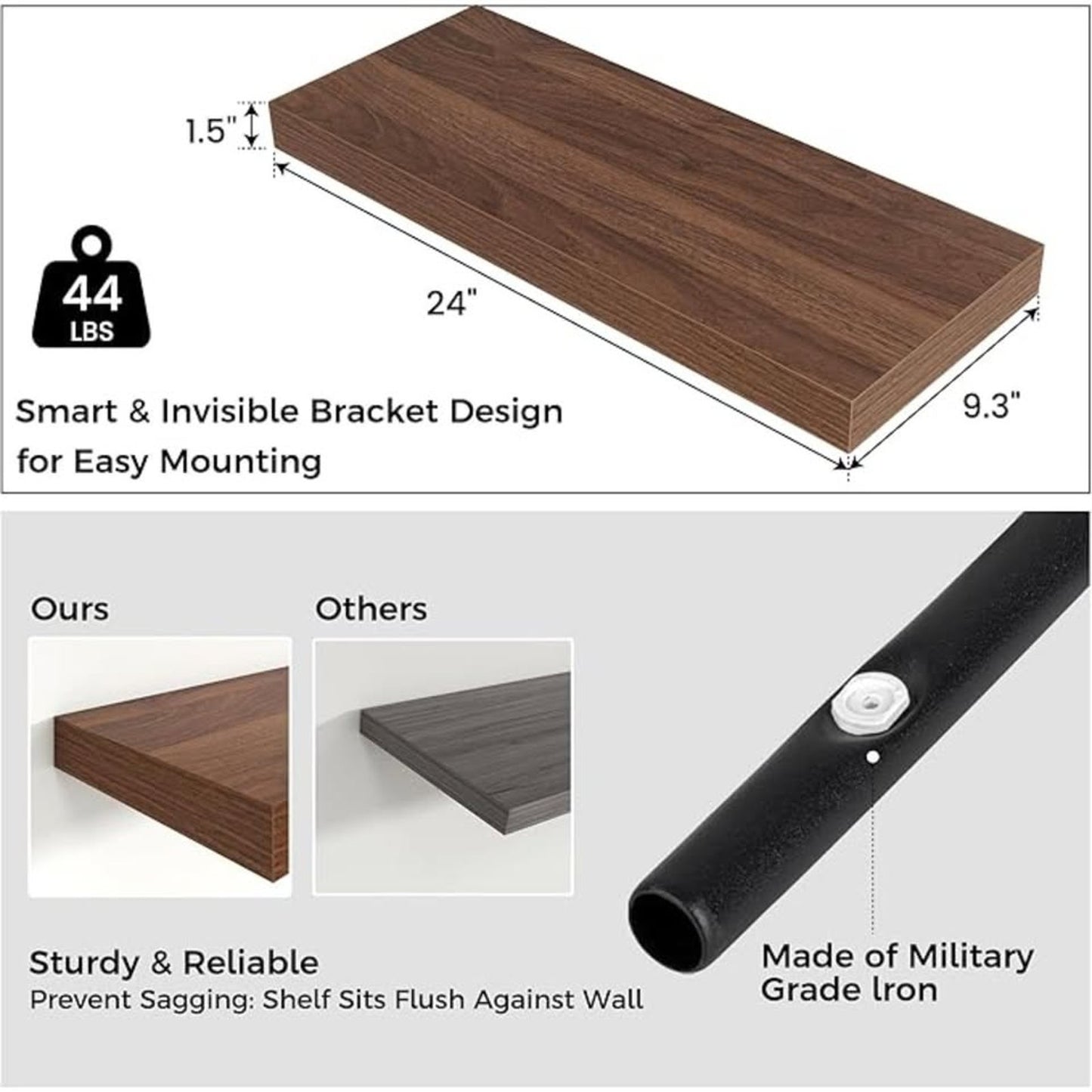 Floating Shelves – 2 Large Walnut Wall Mounted Shelves with Invisible Brackets (24" x 9" x 1.5")
