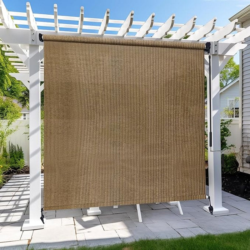 Outdoor Roller Shade 7x6 Walnut – Cordless Patio Roll-Up Shade- NIB