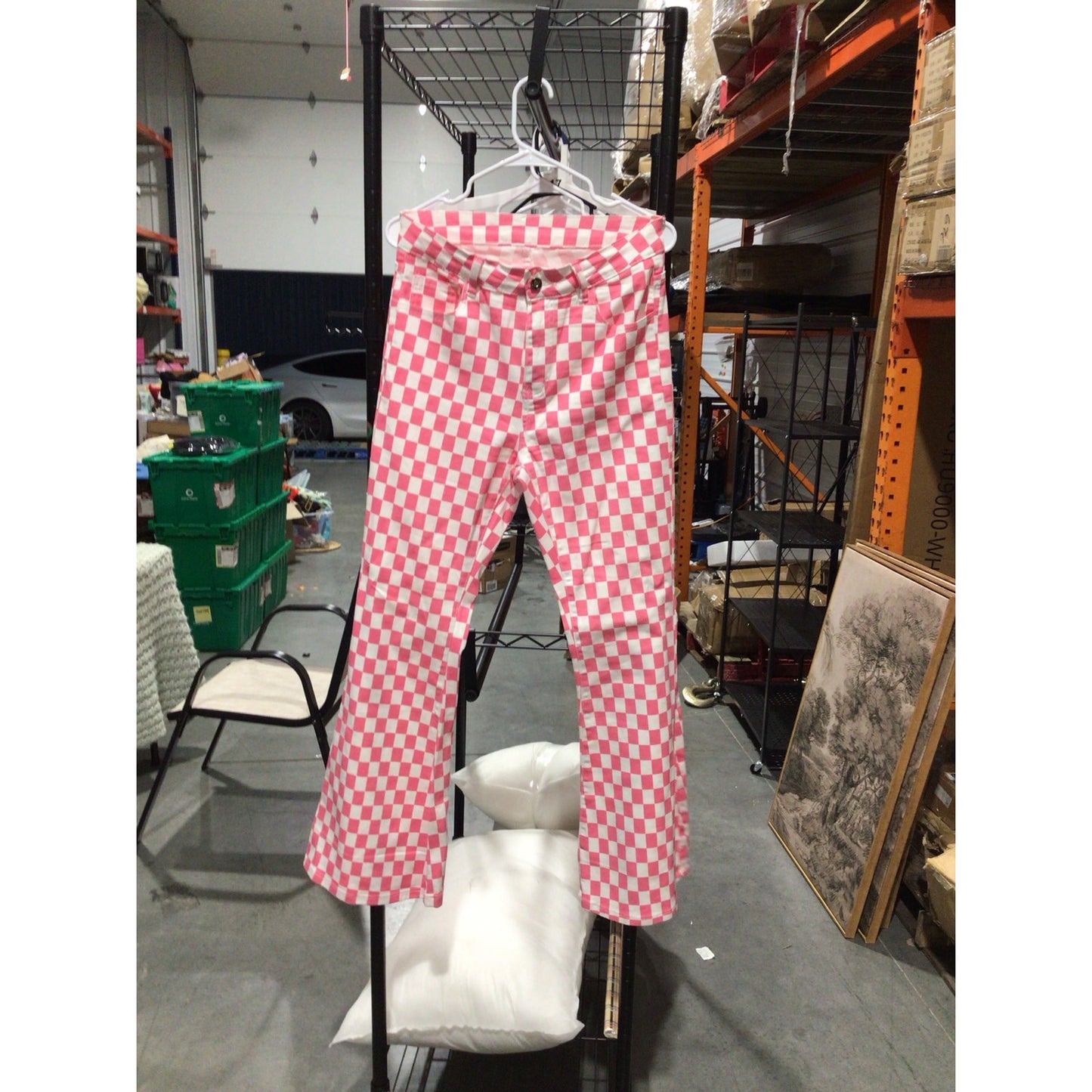 Pink & White Checkered Flare Jeans – Size 10 / Stretch Fit
