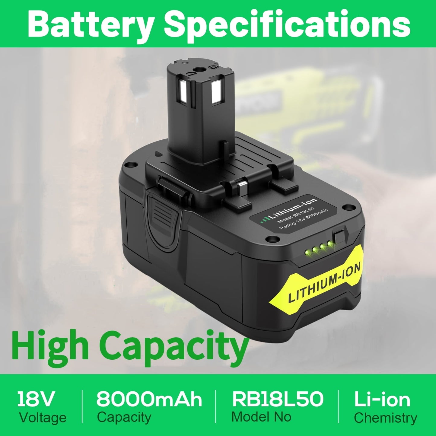 Powerful 18V 8000mAh Li-ion Battery for Ryobi ONE+ Cordless Power Tools