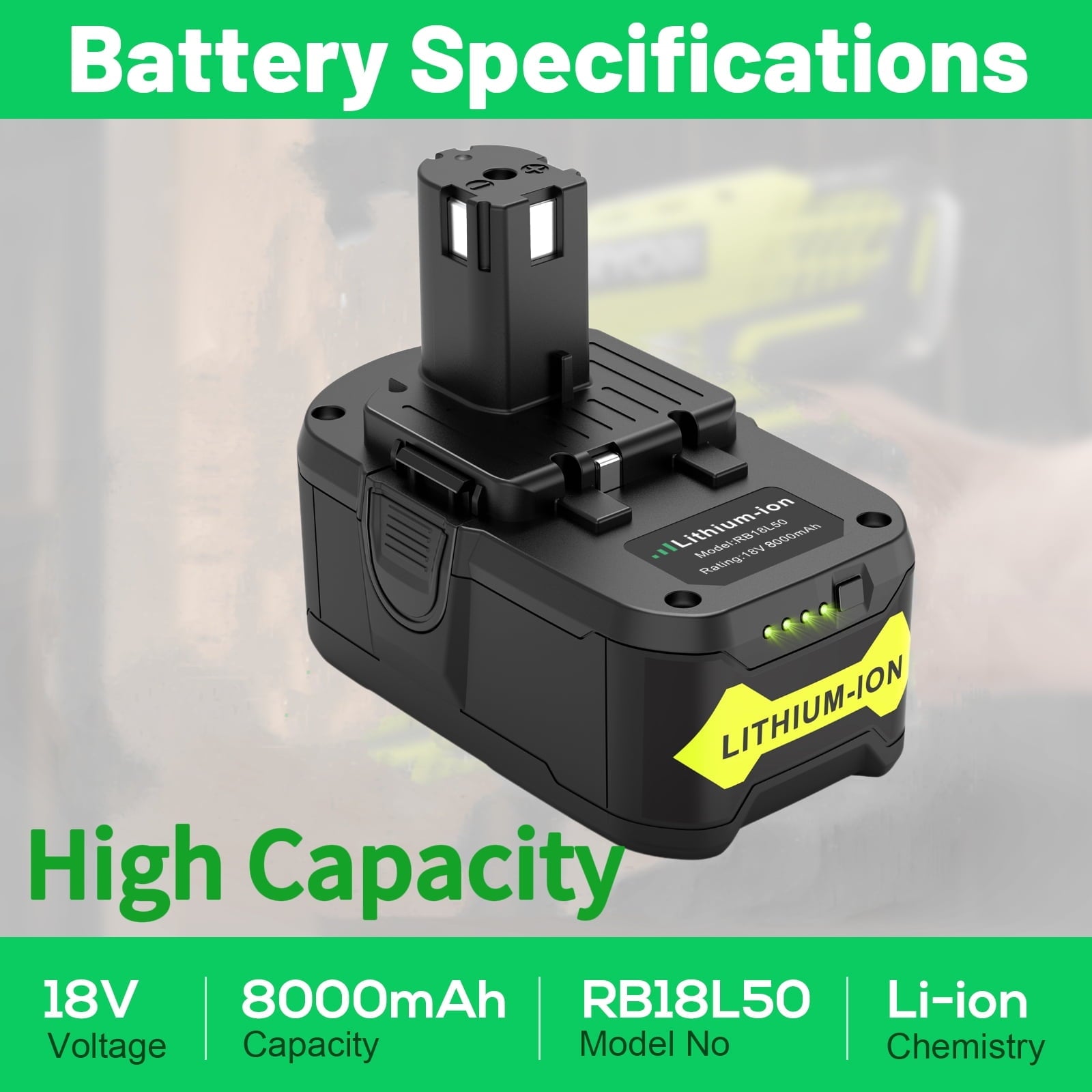 Powerful 18V 8000mAh Li-ion Battery for Ryobi ONE+ Cordless Power Tools
