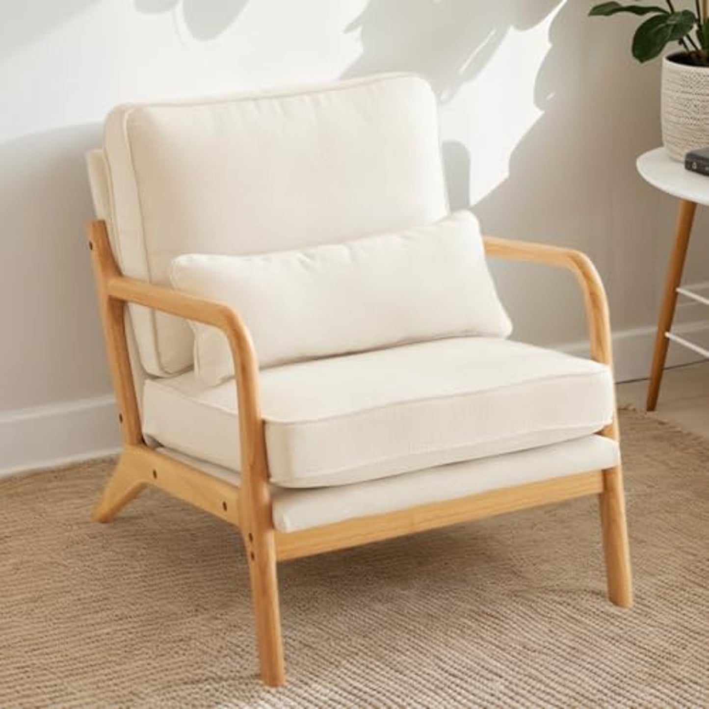 Modern Mid-Century Accent Chair with Flared Wood Legs and Pillow