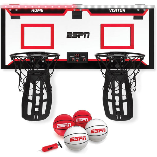 ESPN Over-the-Door Mini Basketball Hoop Set – 2 Rims, Ball Return, 4 Balls + Pump