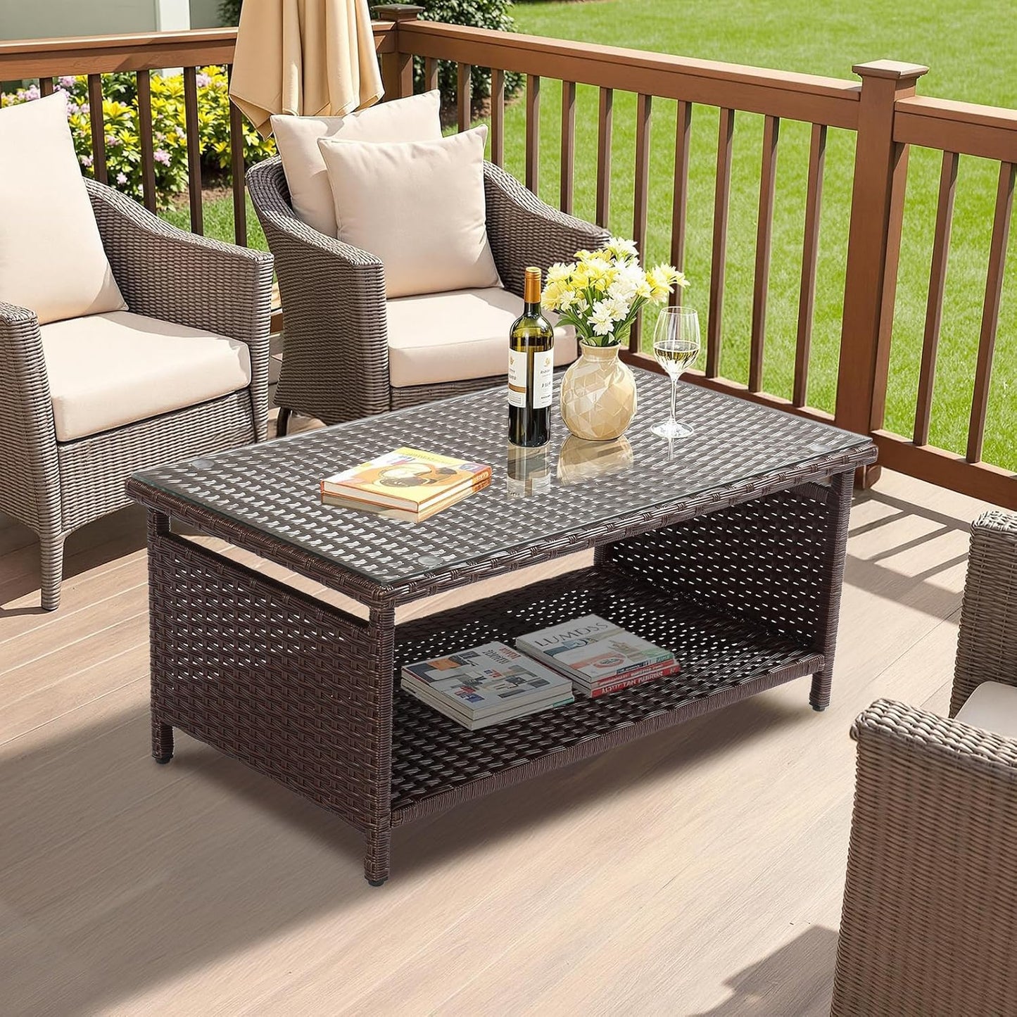 Outdoor Wicker Coffee Table with Tempered Glass Top- Patio, Deck, Porch -New