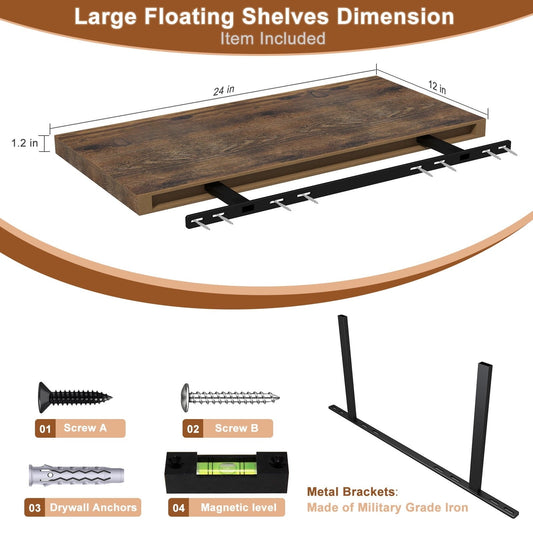 24-Inch Deep Floating Wall Shelf with Hidden Brackets, Rustic Brown