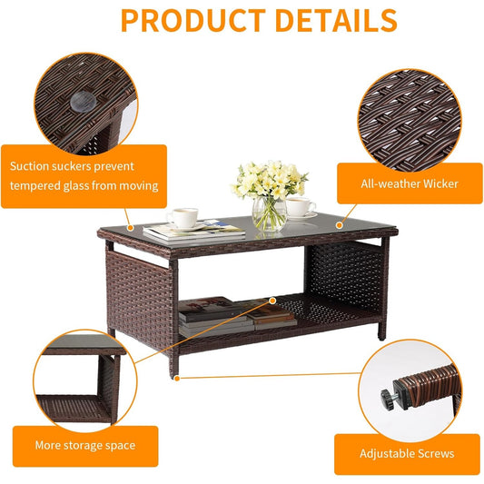 Outdoor Wicker Coffee Table with Tempered Glass Top- Patio, Deck, Porch -New