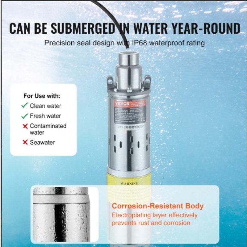 Solar Water Pump – 48V DC 369W Submersible Deep Well Pump, 8.4 GPM, 273 ft Lift