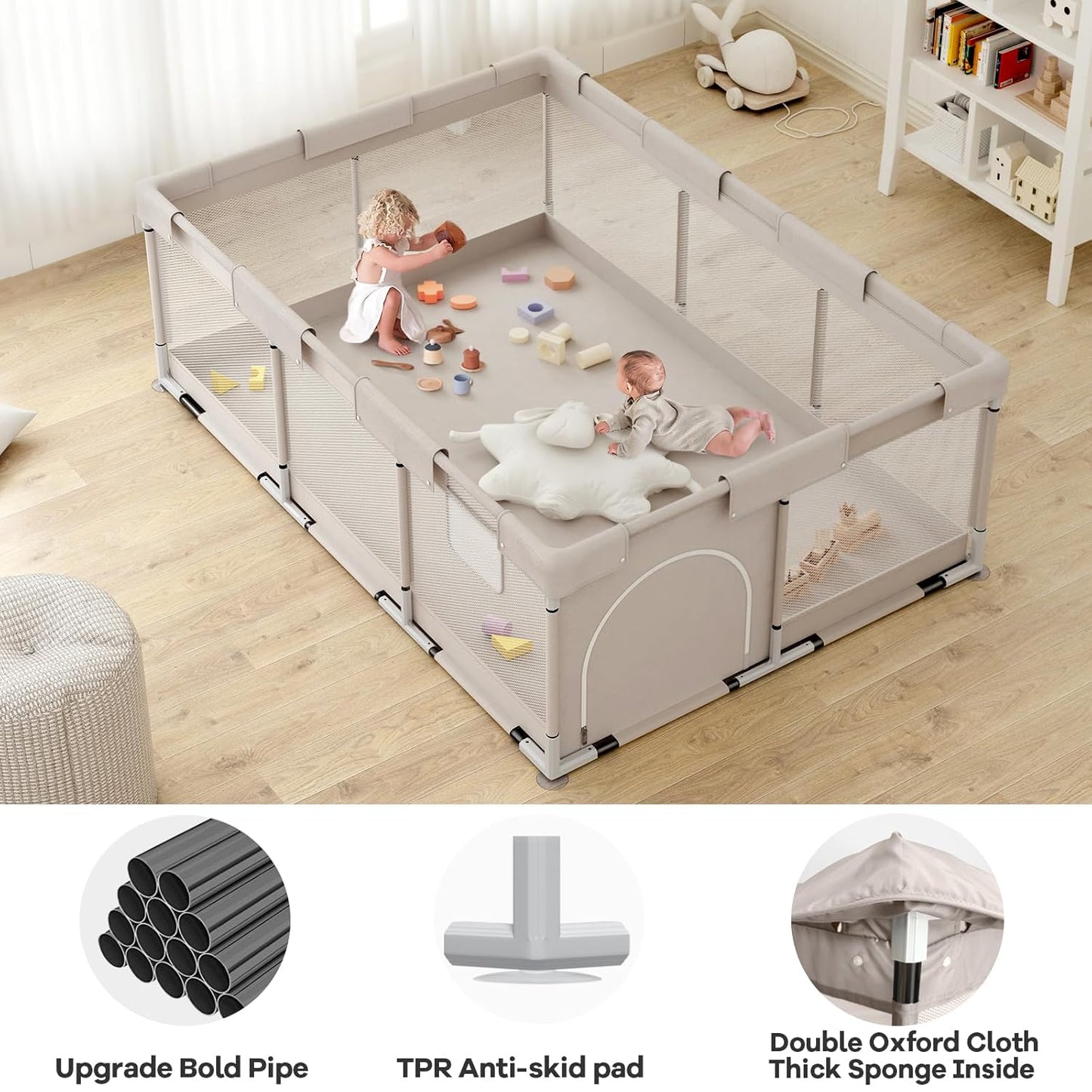 New in Box, Baby Playpen 71"x47" – Large Toddler Play Yard, Beige