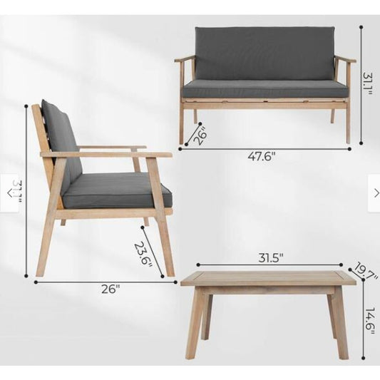 4-Piece Outdoor Wood Conversation Set: Loveseat, 2 Armchairs & End Table- New