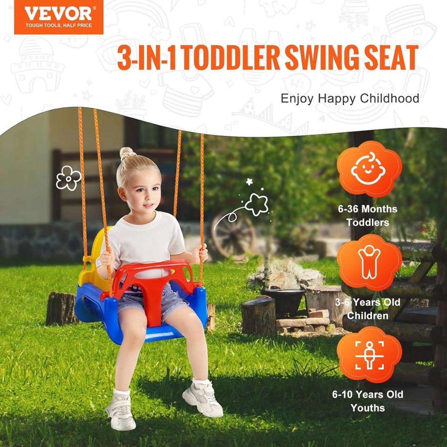 VEVOR 3-in-1 Toddler Swing Seat – Grows with Your Child