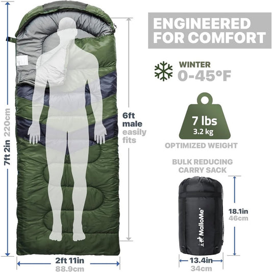MalloMe Camping Sleeping Bag (Adult) — Lightweight, 3-Season w/ Compression Sack