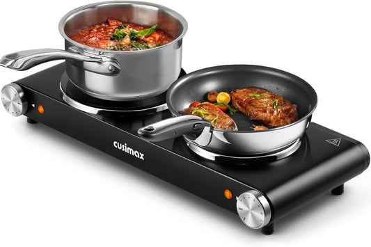 CUSIMAX 1800W Double Electric Countertop Burner, Portable Stainless Steel Hot Plate Cooktop