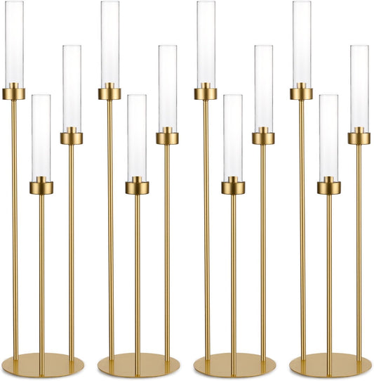 Vincidern 4-Piece Gold 3-Arm Taper Candelabra Set with Acrylic Shades