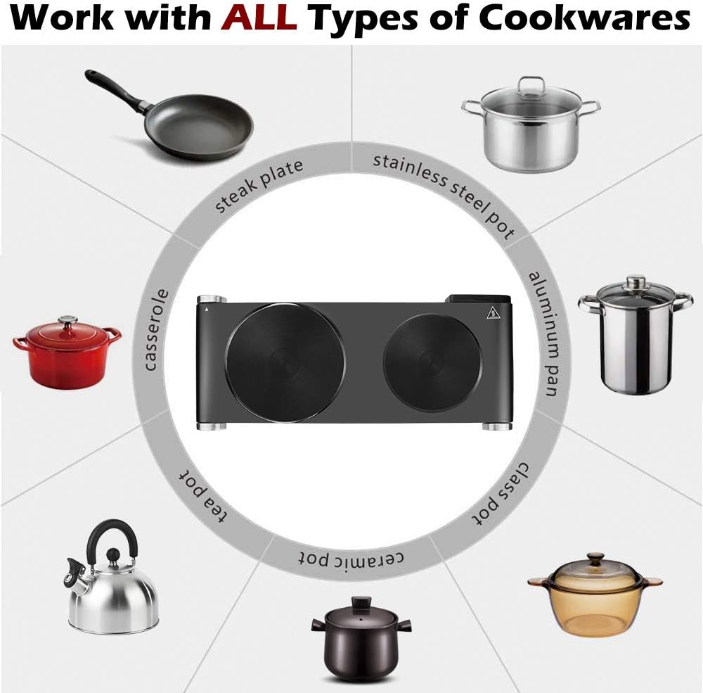 CUSIMAX 1800W Double Electric Countertop Burner, Portable Stainless Steel Hot Plate Cooktop