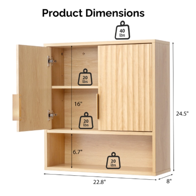 Fluted Wall Cabinet / Natural Oak / 22.8″W × 8″D × 24.6″H / Adjustable Shelf