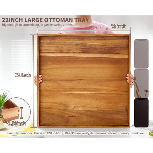 22" Acacia Wood Serving Tray – Extra Large Square w/ Handles