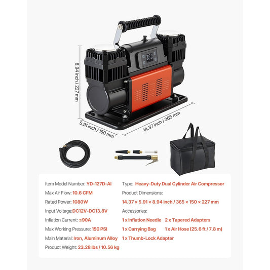 12V 150 PSI Dual Cylinder Air Compressor Portable Tire Inflator with LCD Display