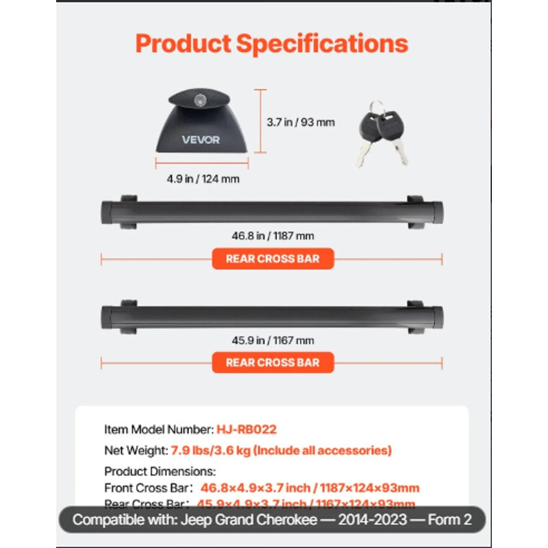 Roof Rack Cross Bars for Jeep Grand Cherokee 2014-2023- 200 lb Capacity, Lockable Aluminum