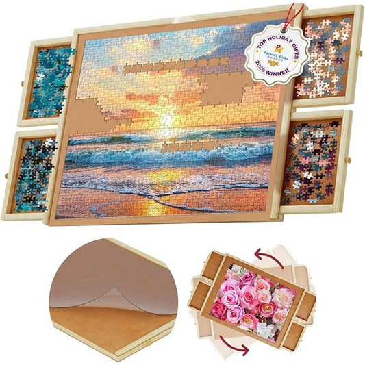 1000-Piece Wooden Jigsaw Puzzle Board — Rotating w/ 4 Drawers & Cover