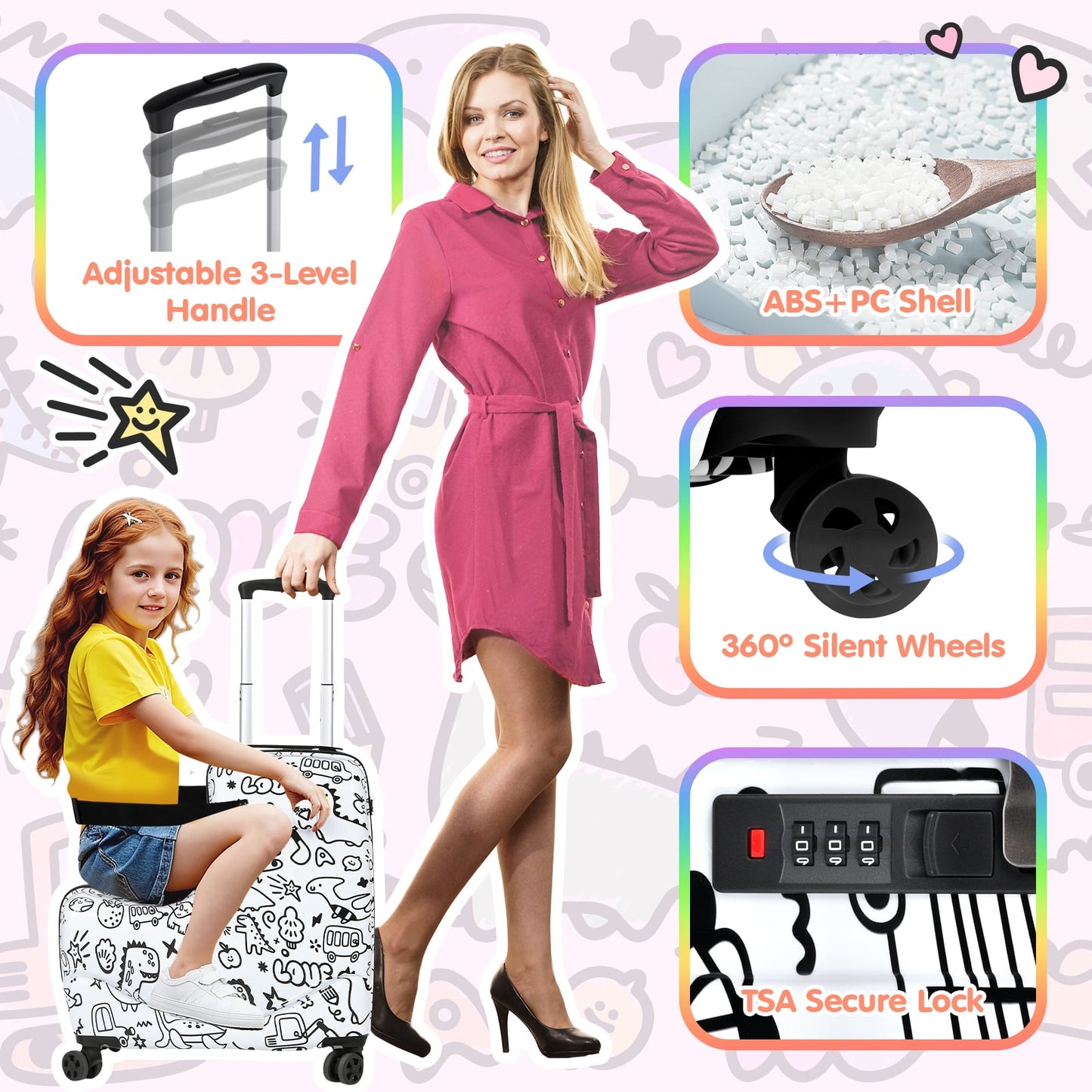 Advwin 20-inch Fun DIY Coloring Kids Ride-On Travel Suitcase with Spinner Wheels