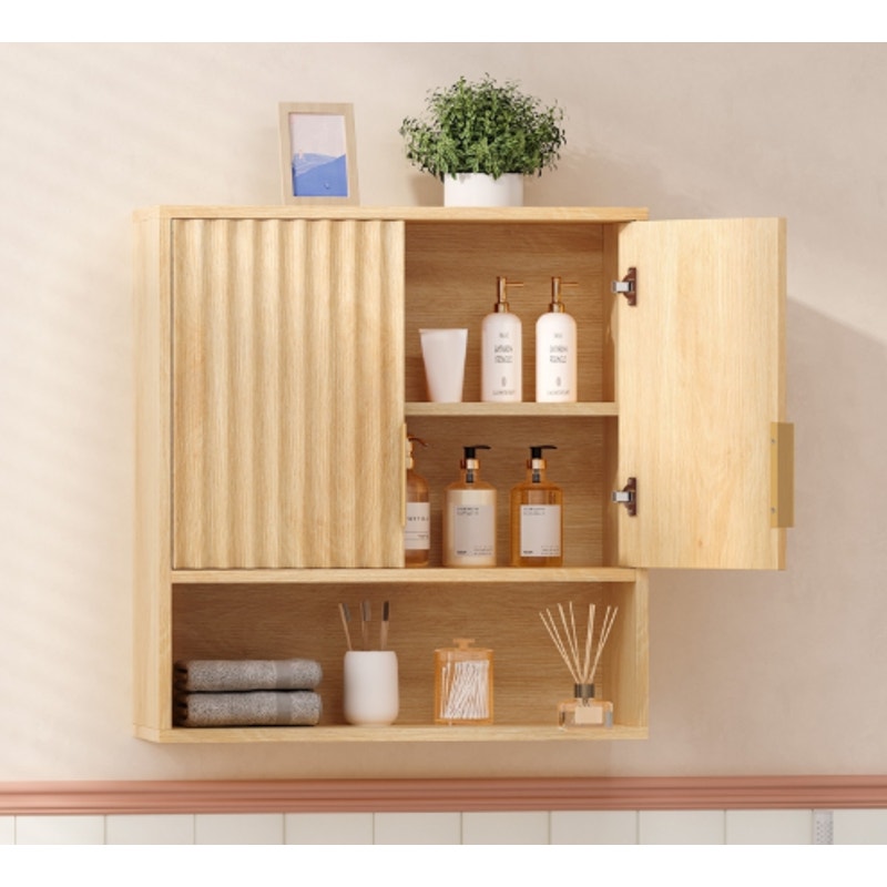 Fluted Wall Cabinet / Natural Oak / 22.8″W × 8″D × 24.6″H / Adjustable Shelf