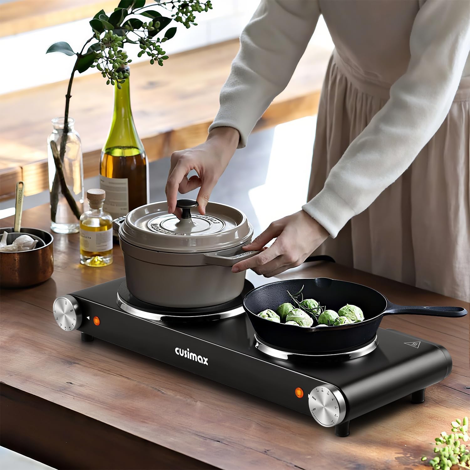 CUSIMAX 1800W Double Electric Countertop Burner, Portable Stainless Steel Hot Plate Cooktop
