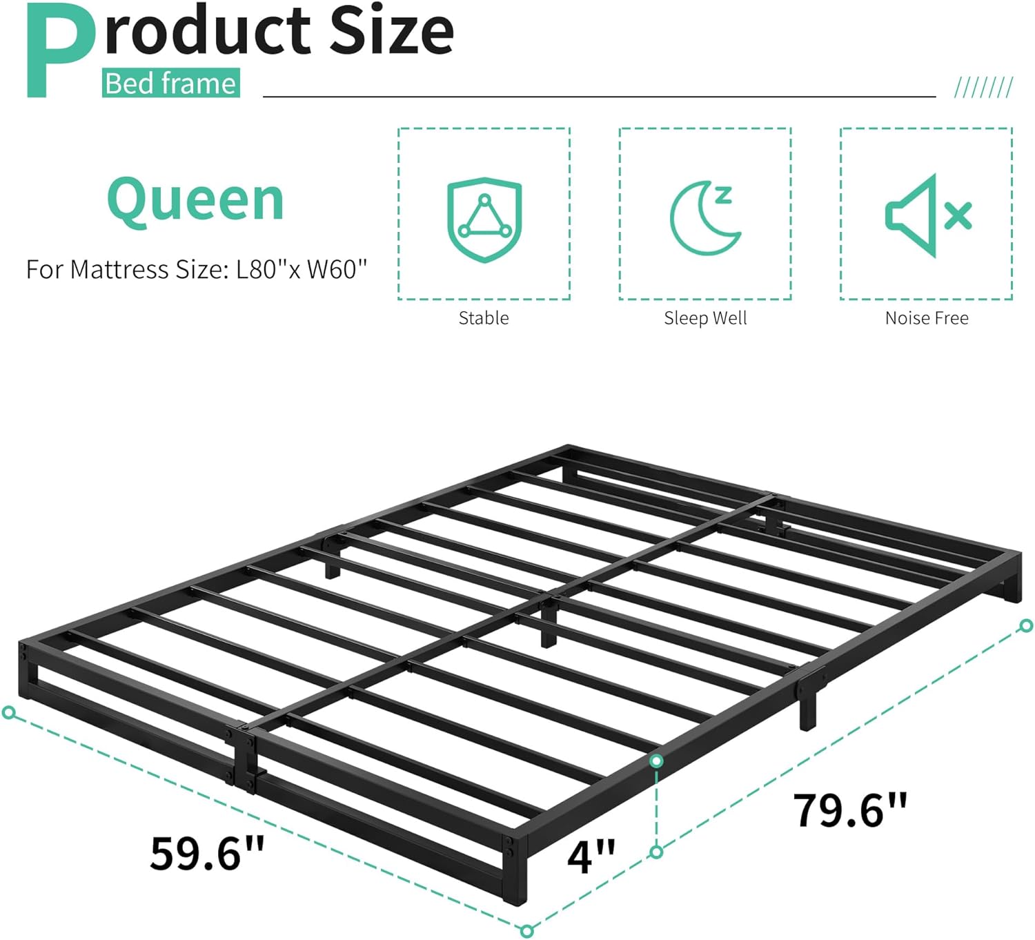 Lutown-Teen Queen Heavy Duty 4-Inch Steel Platform Bed Frame - Noise-Free
