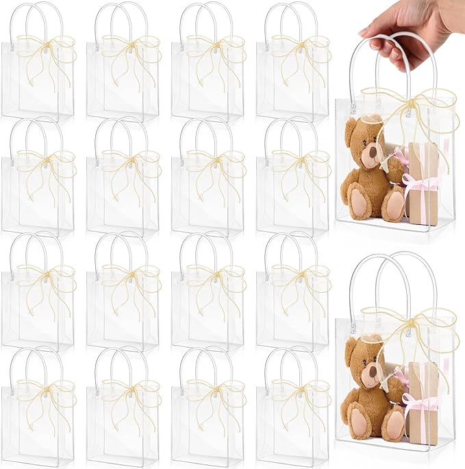 LEIFIDE 32 Clear PVC Gift Bags with Handles and Champagne Ribbons