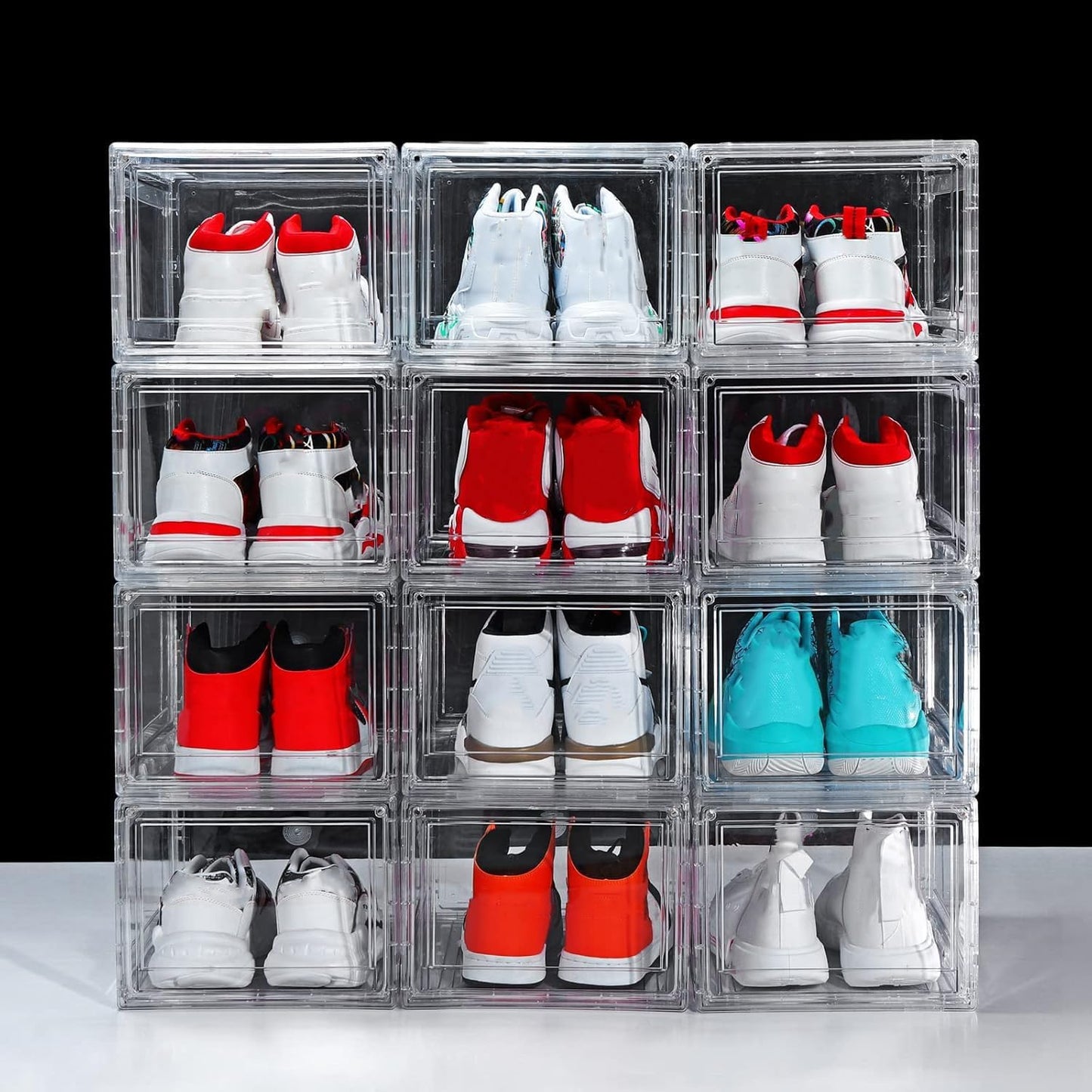 12 Pack Clear Acrylic Stackable Shoe Boxes, Drop Front, Fits Size 15