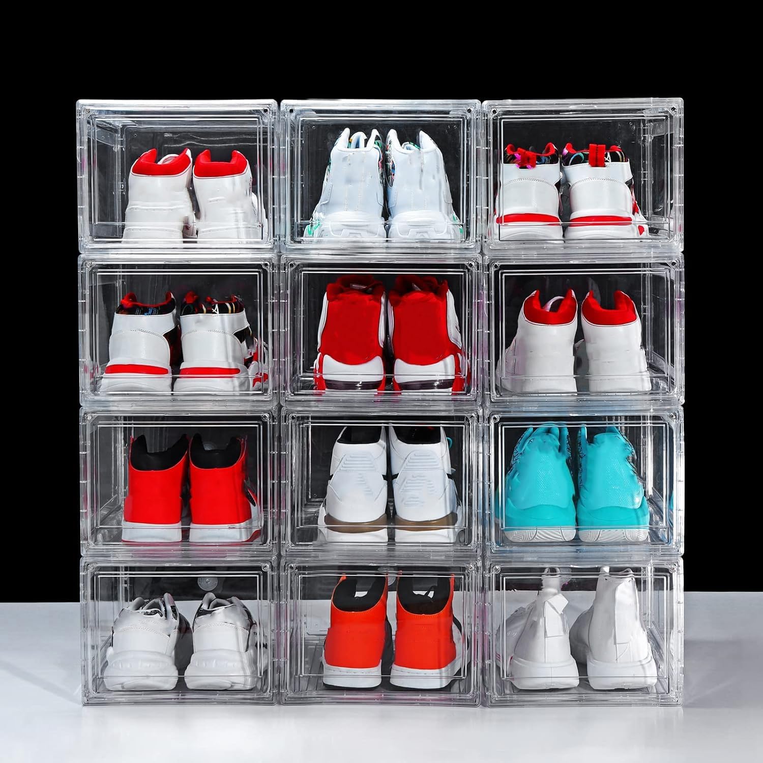 12 Pack Clear Acrylic Stackable Shoe Boxes, Drop Front, Fits Size 15