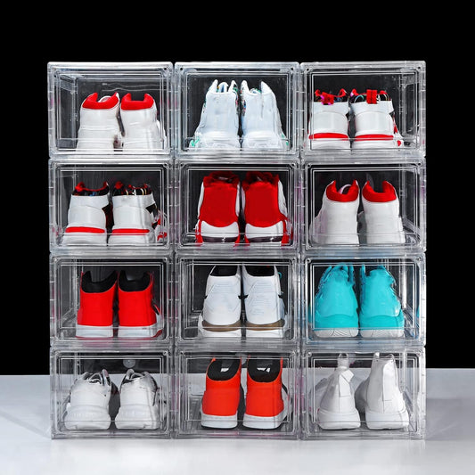 12 Pack Clear Acrylic Stackable Shoe Boxes, Drop Front, Fits Size 15