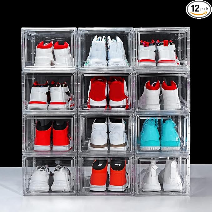 12 Pack Clear Acrylic Stackable Shoe Boxes, Drop Front, Fits Size 15