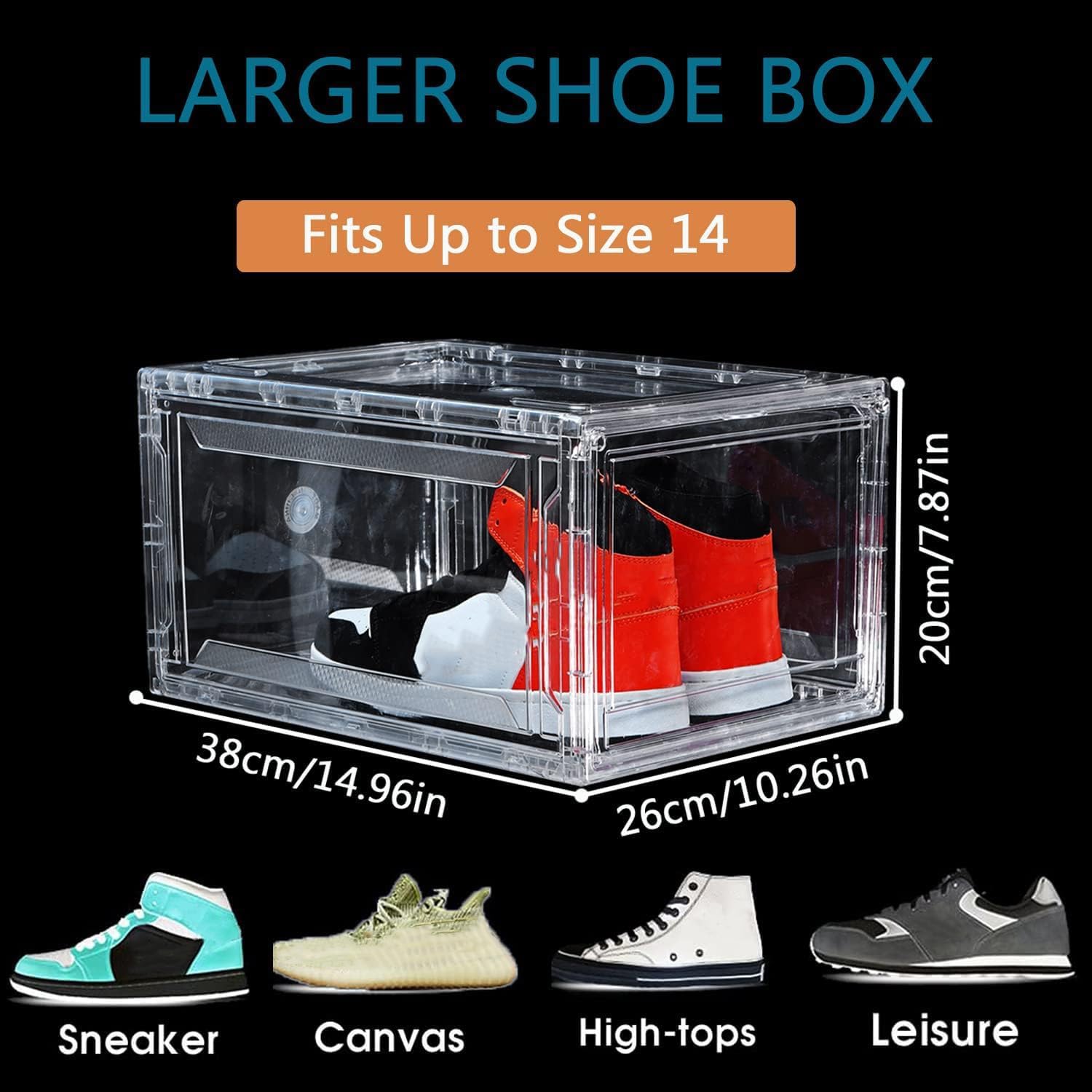 12 Pack Clear Acrylic Stackable Shoe Boxes, Drop Front, Fits Size 15