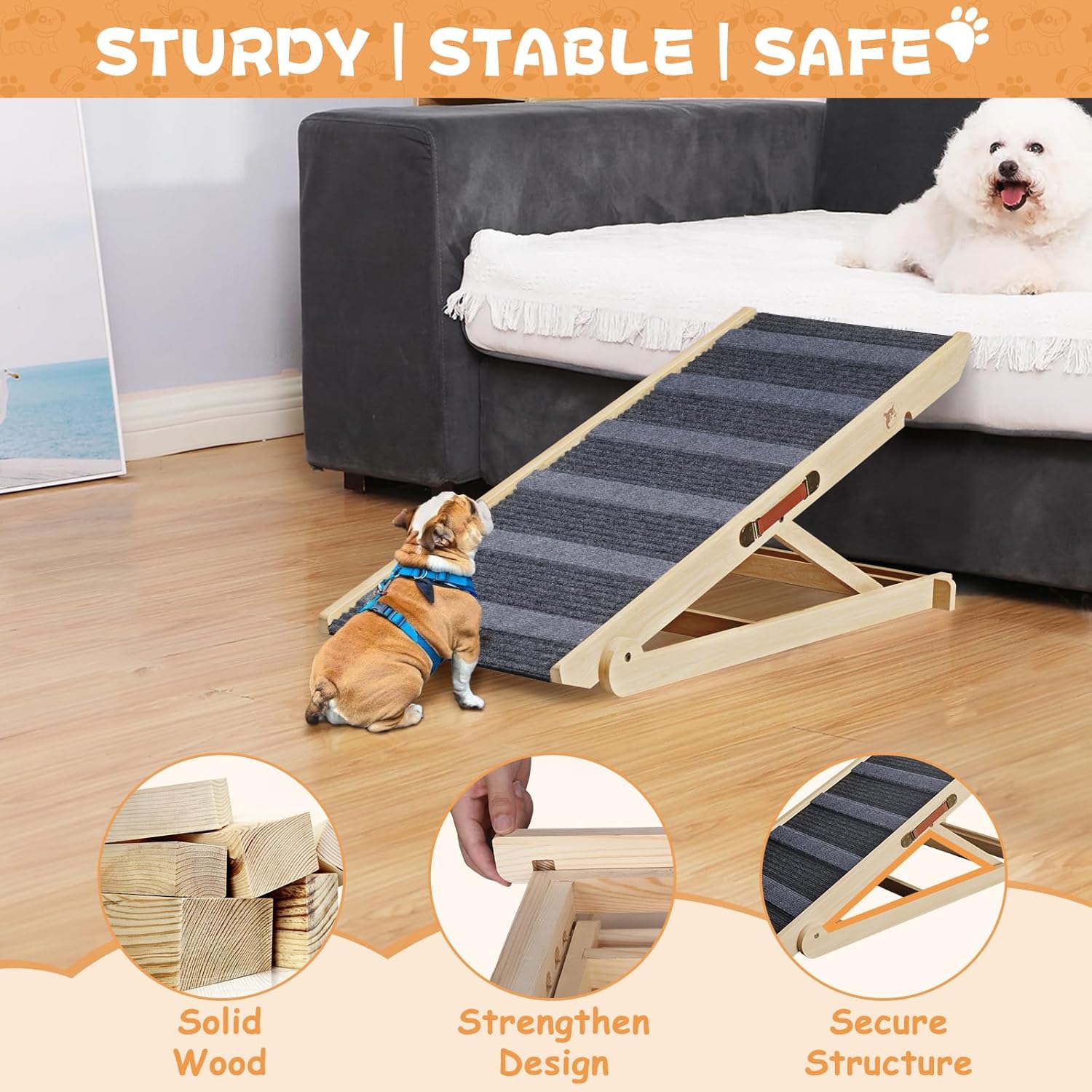 YaFiti Adjustable Folding Wooden Pet Ramp for Beds, Cars, Couches