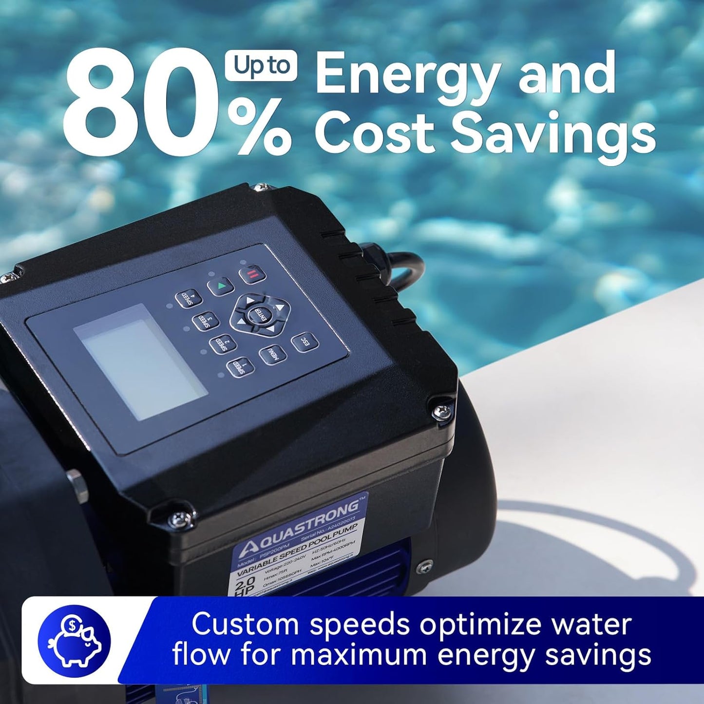 AQUASTRONG Variable Speed Pool Pump: 2HP, 220V, 10566GPH, Energy-Efficient, High Flow