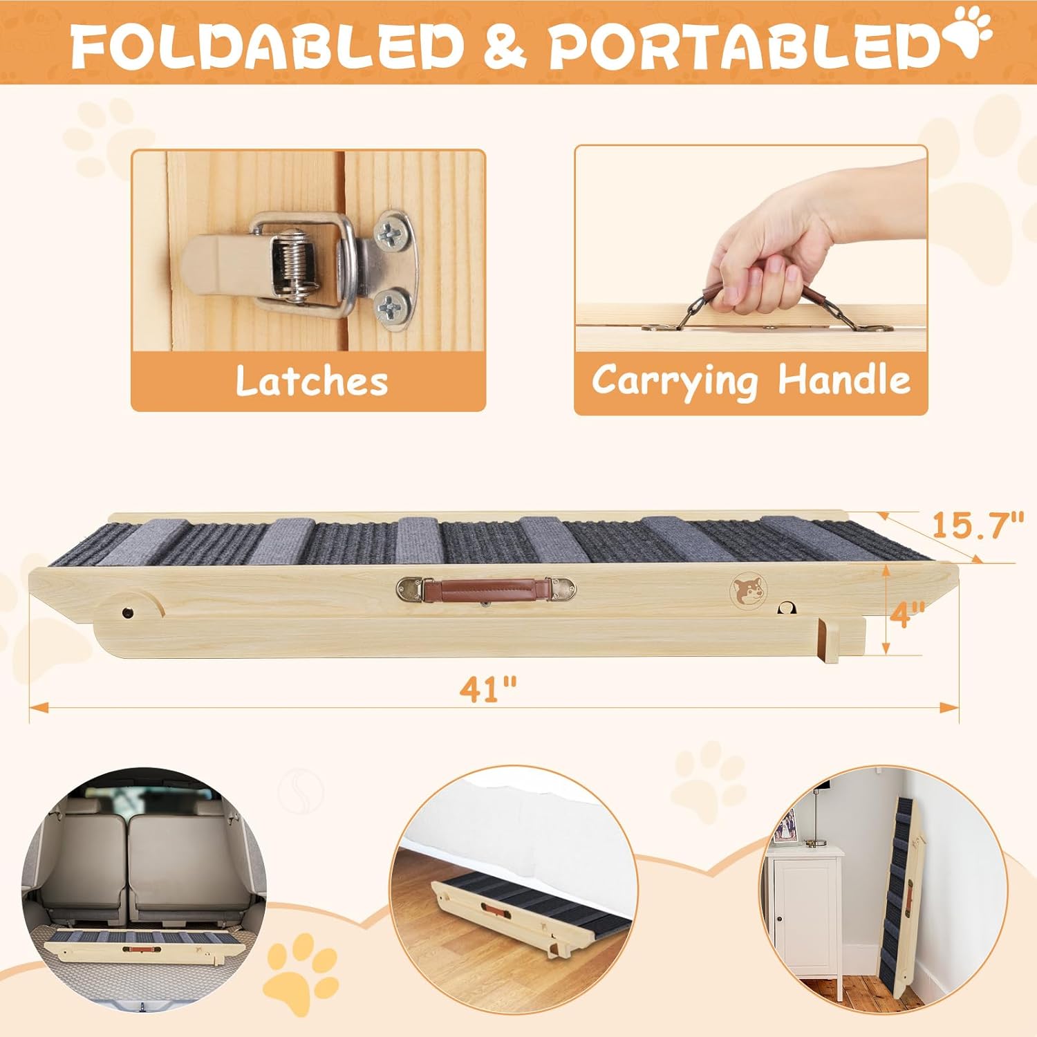 YaFiti Adjustable Folding Wooden Pet Ramp for Beds, Cars, Couches