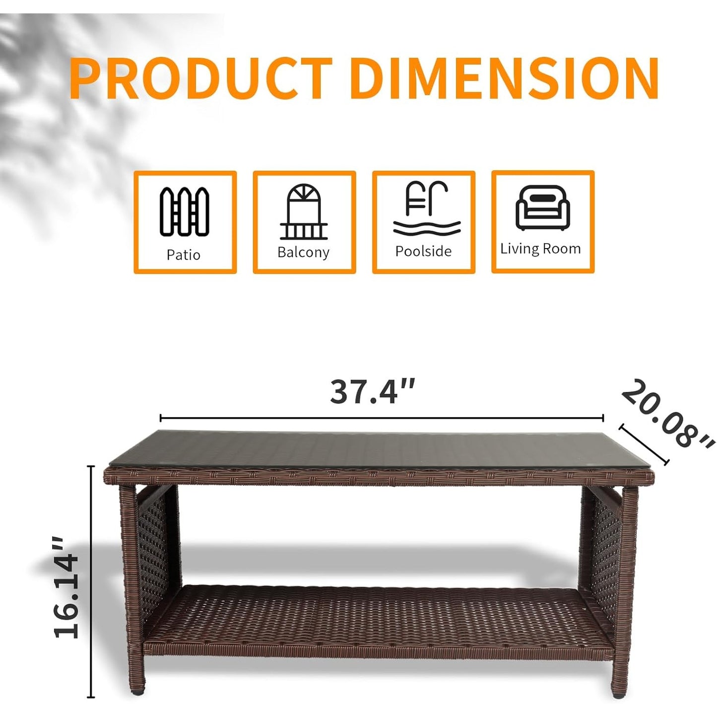 Outdoor Wicker Coffee Table with Tempered Glass Top- Patio, Deck, Porch -New