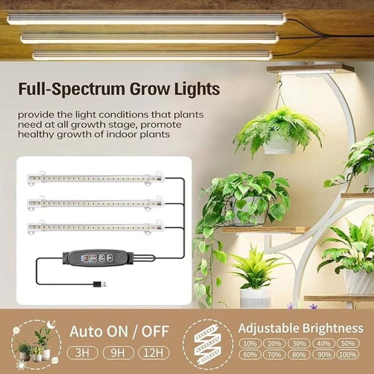Multi-Tier Plant Stand – White Metal Frame with Brown Wood Square Shelves – Indoor/Outdoor