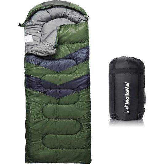 MalloMe Camping Sleeping Bag (Adult) — Lightweight, 3-Season w/ Compression Sack