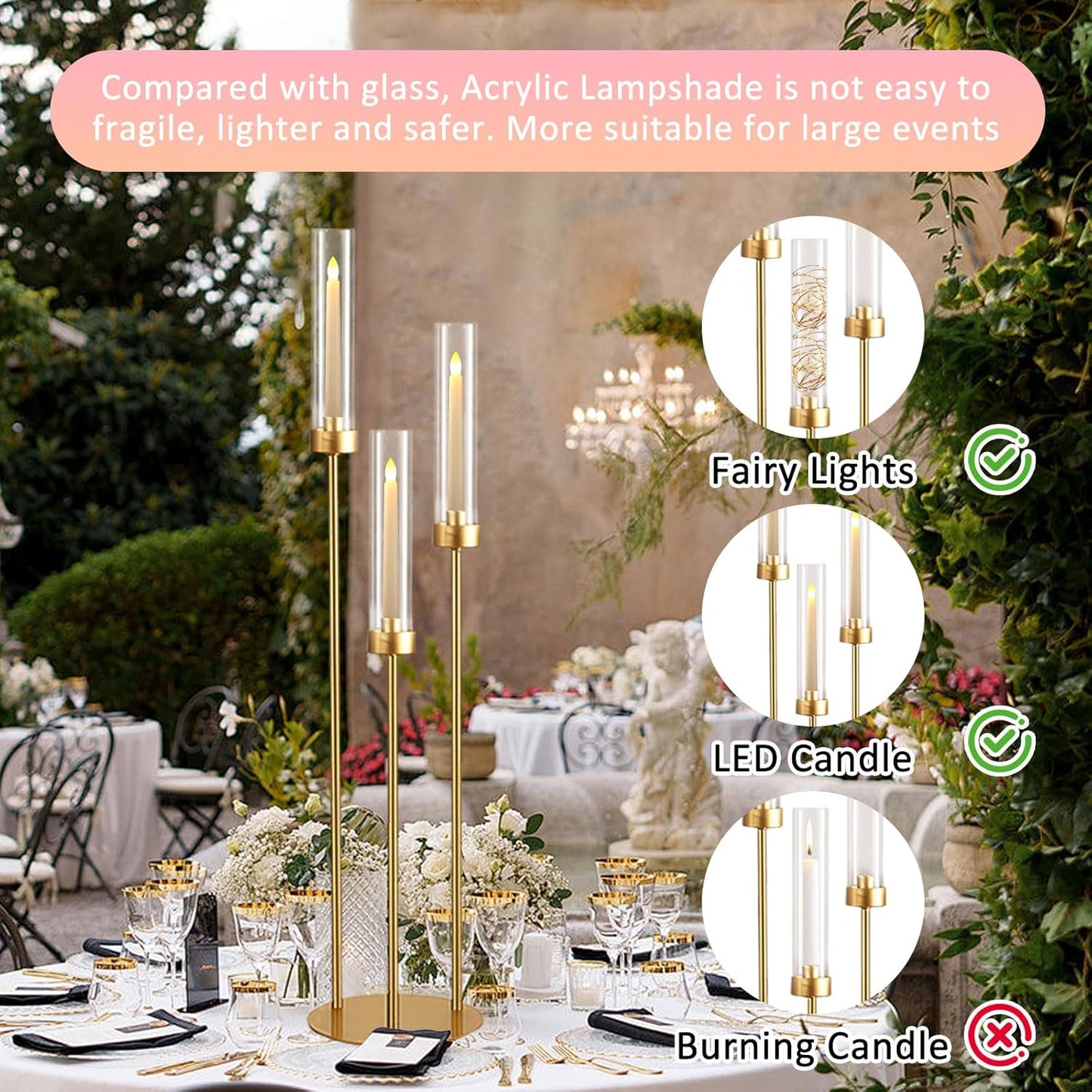Vincidern 4-Piece Gold 3-Arm Taper Candelabra Set with Acrylic Shades