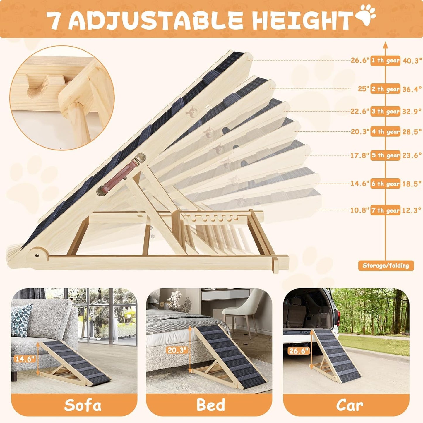 YaFiti Adjustable Folding Wooden Pet Ramp for Beds, Cars, Couches