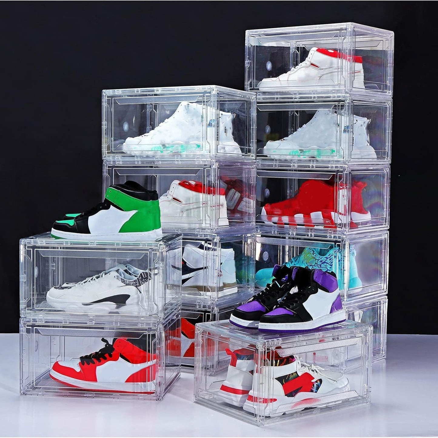 12 Pack Clear Acrylic Stackable Shoe Boxes, Drop Front, Fits Size 15