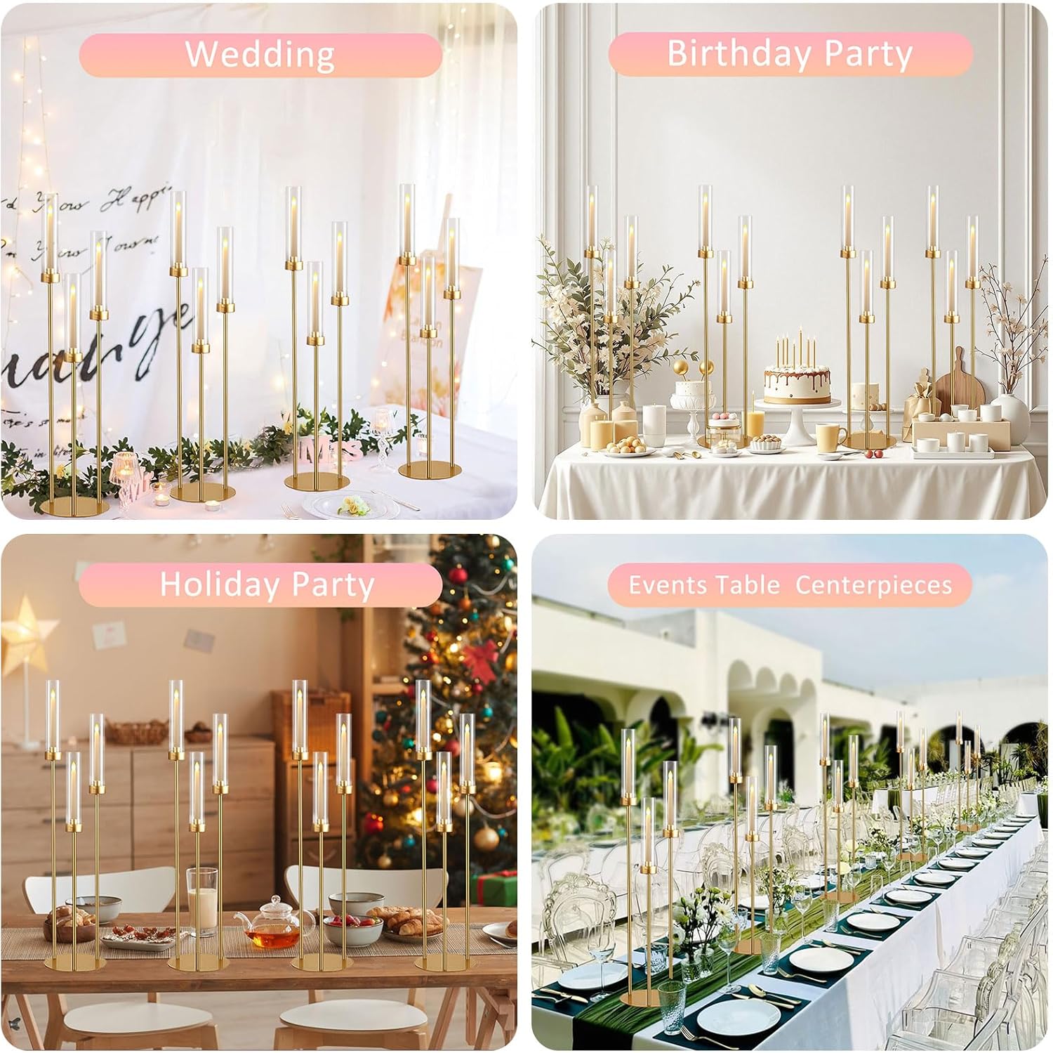 Vincidern 4-Piece Gold 3-Arm Taper Candelabra Set with Acrylic Shades