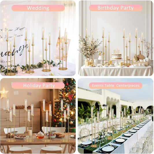 Vincidern 4-Piece Gold 3-Arm Taper Candelabra Set with Acrylic Shades