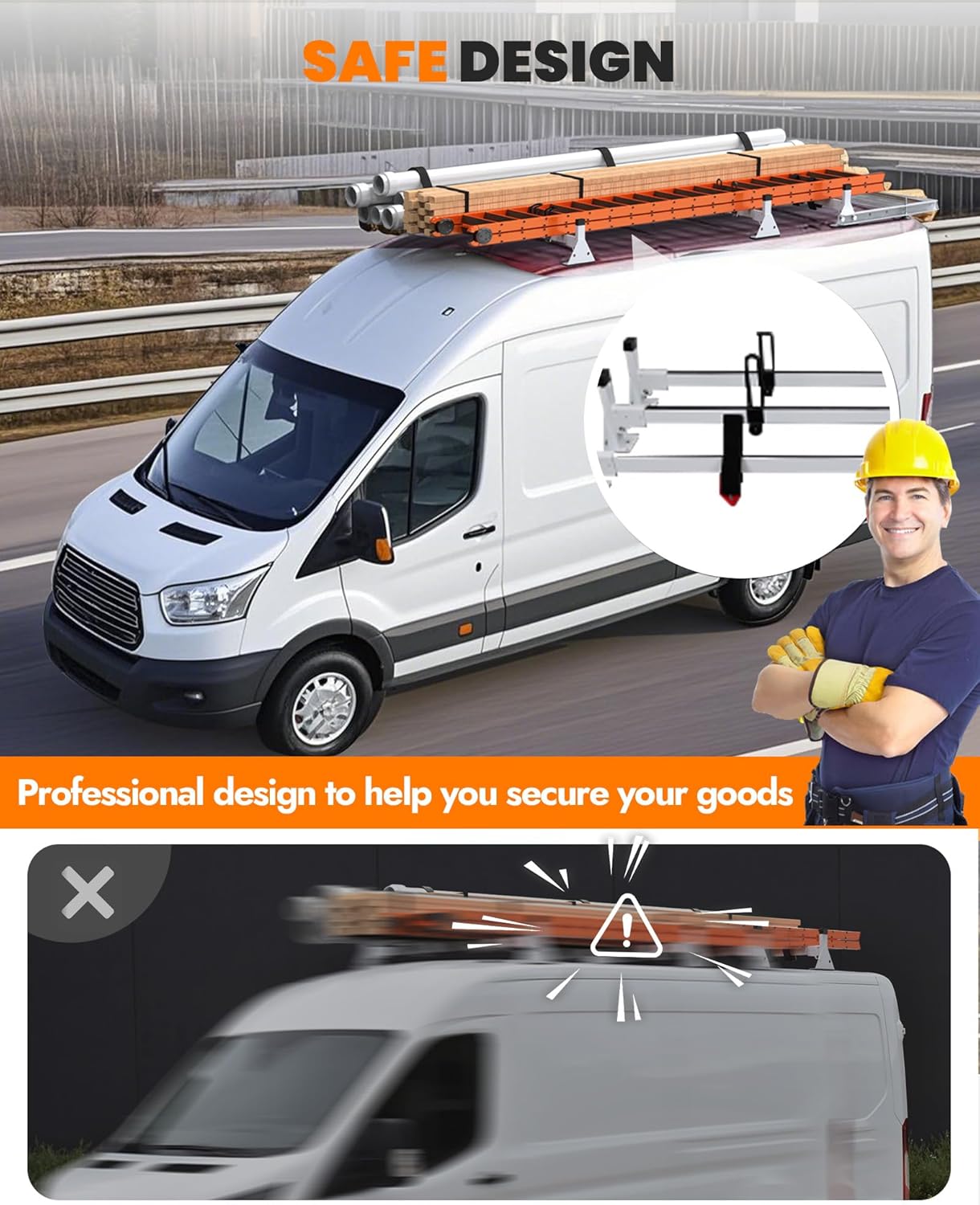 MELIPRON Heavy-Duty No-Drill 3-Crossbar Ladder Roof Rack Transit Van